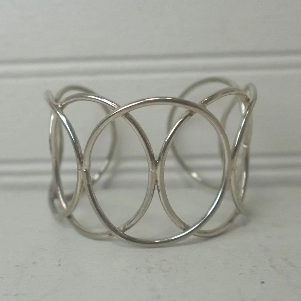 Y2K Silver Tone Wide Cuff Bracelet Open-work Chunky Circles Boho Modernist